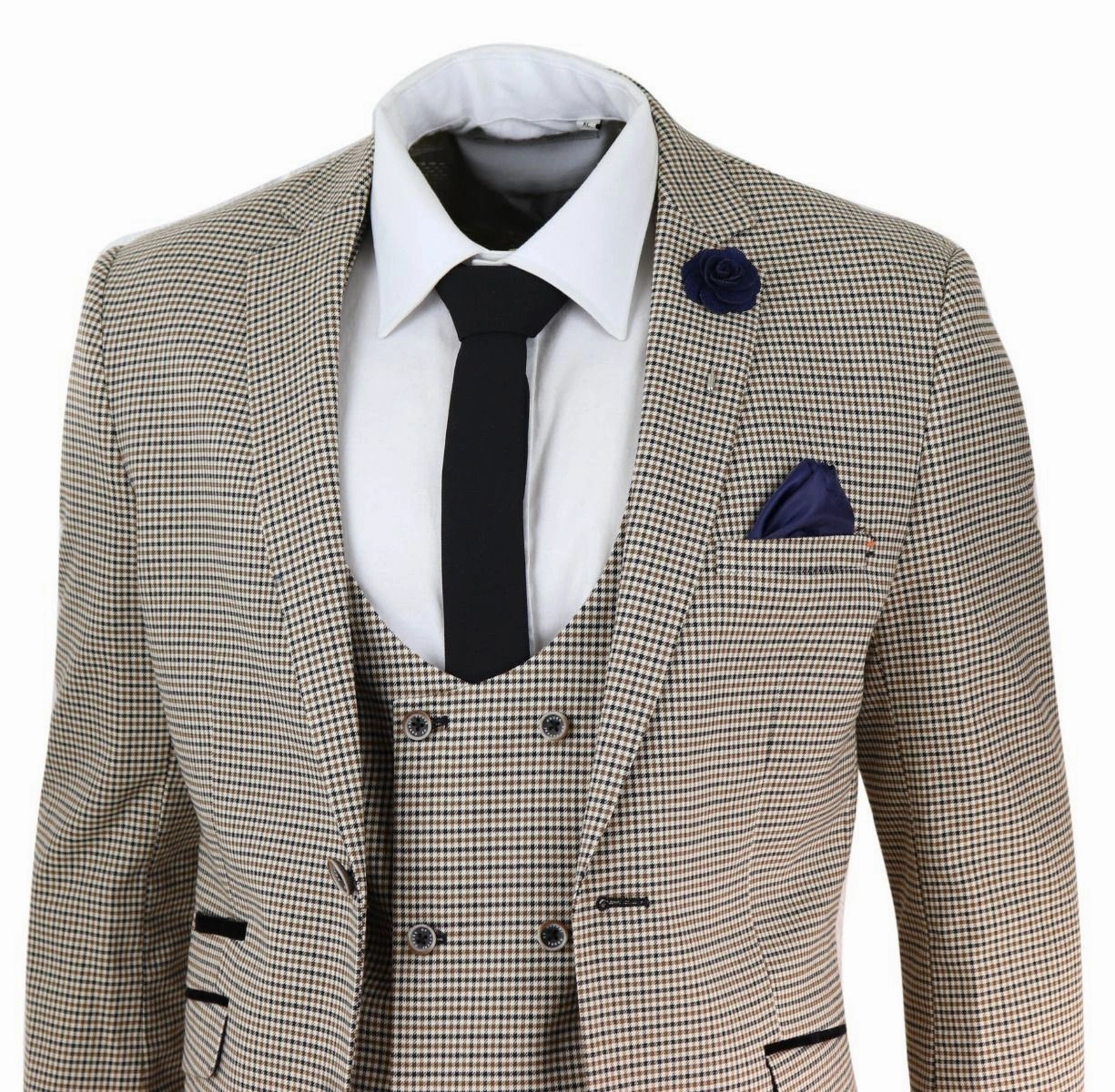 Mens 3 Piece Beige Check Retro Vintage Classic Suit