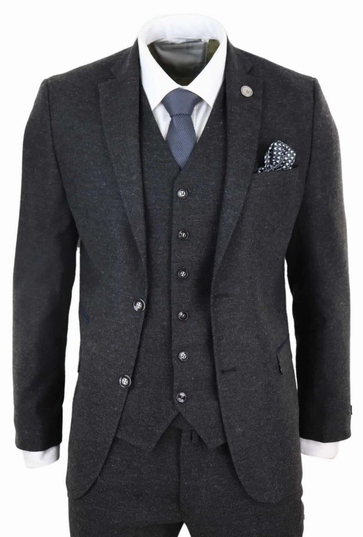 Mens 3 Piece Black Wool Tweed Vintage Retro Suit
