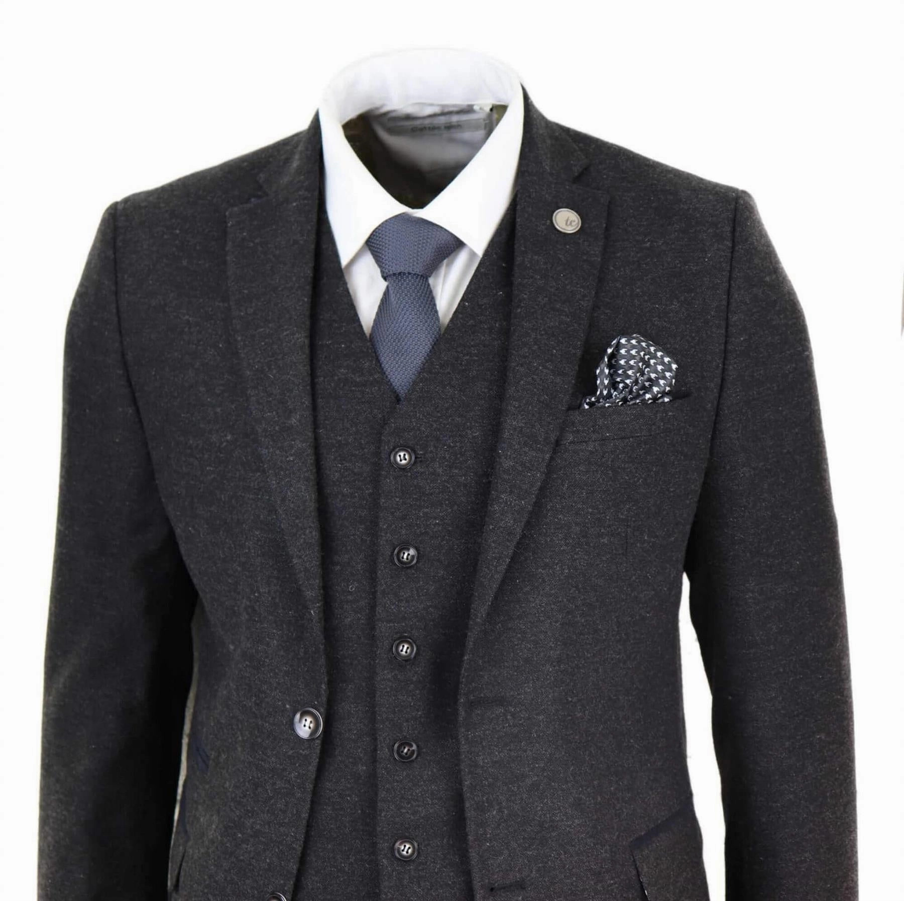 Mens 3 Piece Black Wool Tweed Vintage Retro Suit