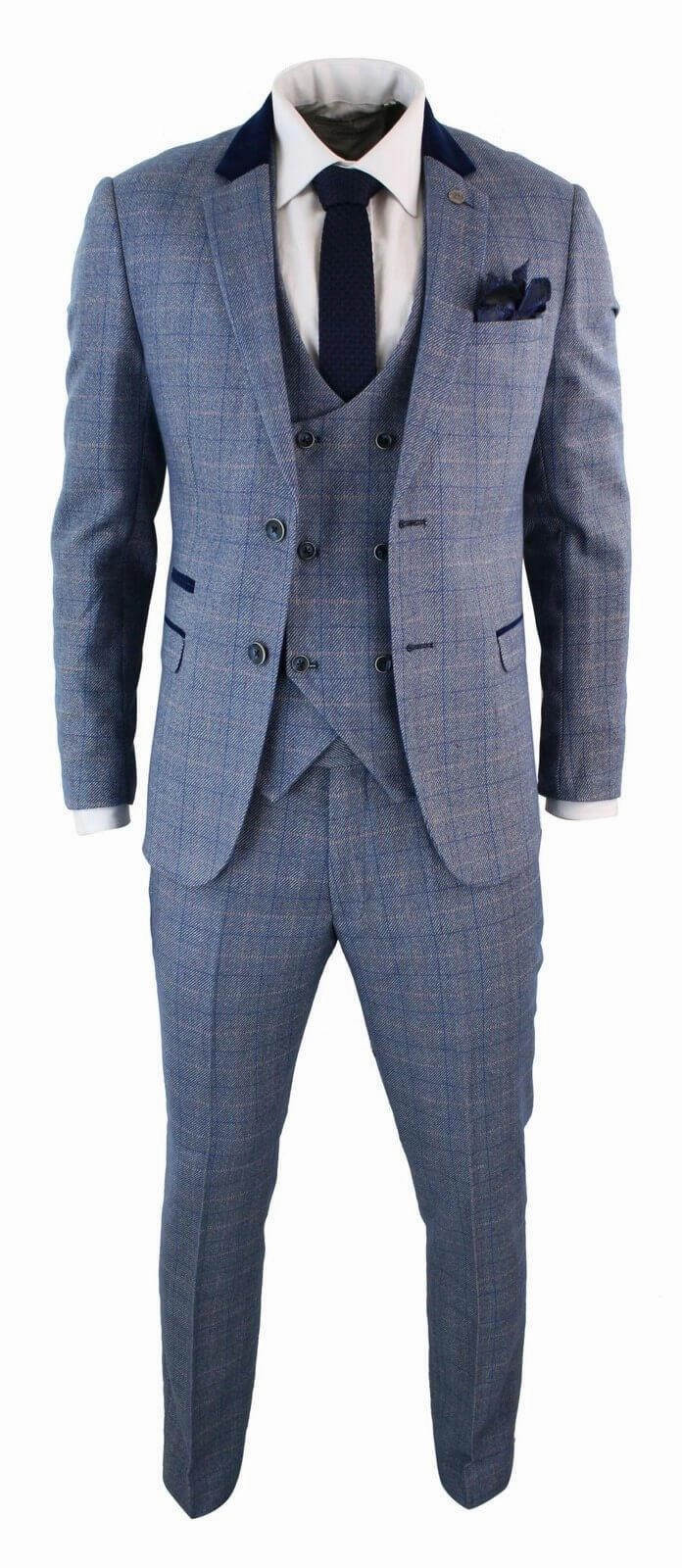 Mens 3 Piece Blue Grey Herringbone Check Suit