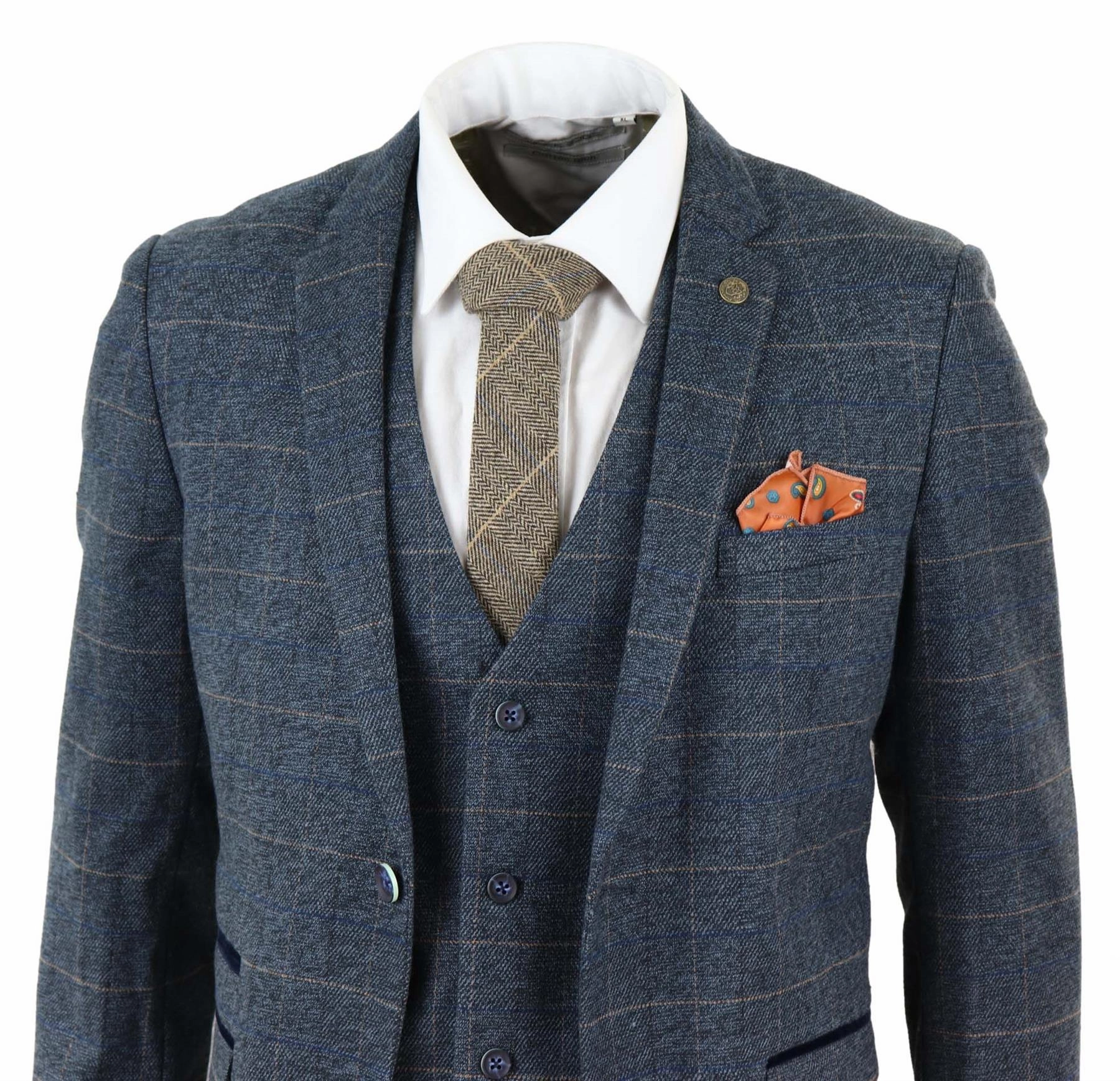 Mens 3 Piece Blue Tweed Check Vintage Suit