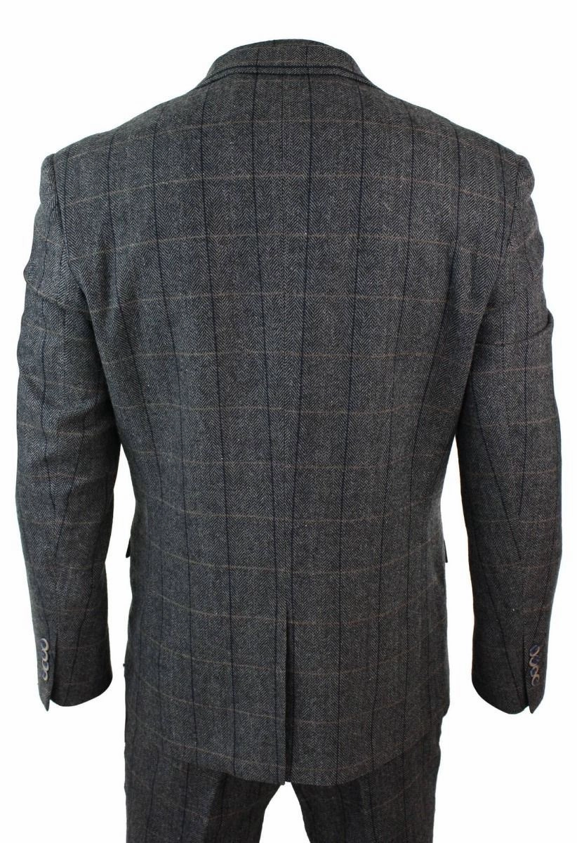 Mens 3 Piece Charcoal Grey Check Tweed Herringbone Vintage Classic Suit