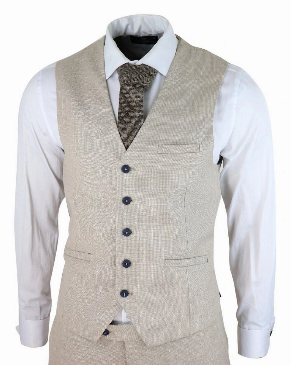 Mens 3 Piece Cream Linen Summer Spring Classic Suit