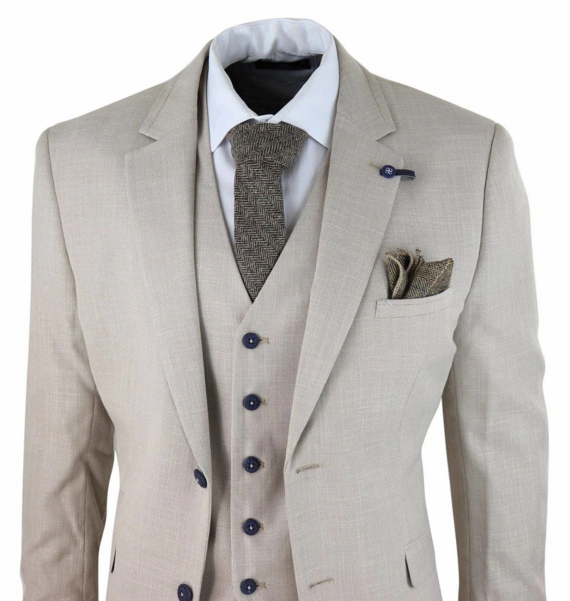 Mens 3 Piece Cream Linen Summer Spring Classic Suit