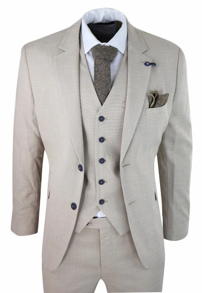 Mens 3 Piece Cream Linen Summer Spring Classic Suit