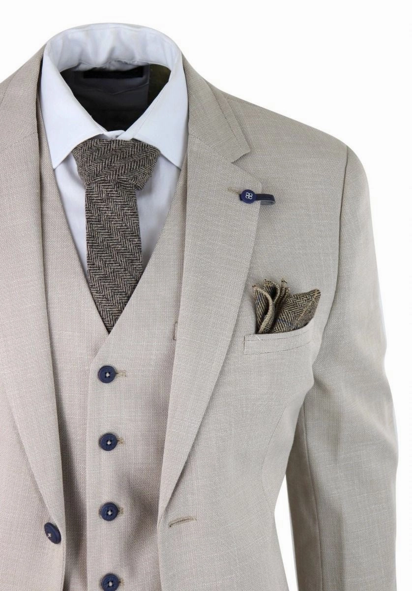 Mens 3 Piece Cream Linen Summer Spring Classic Suit