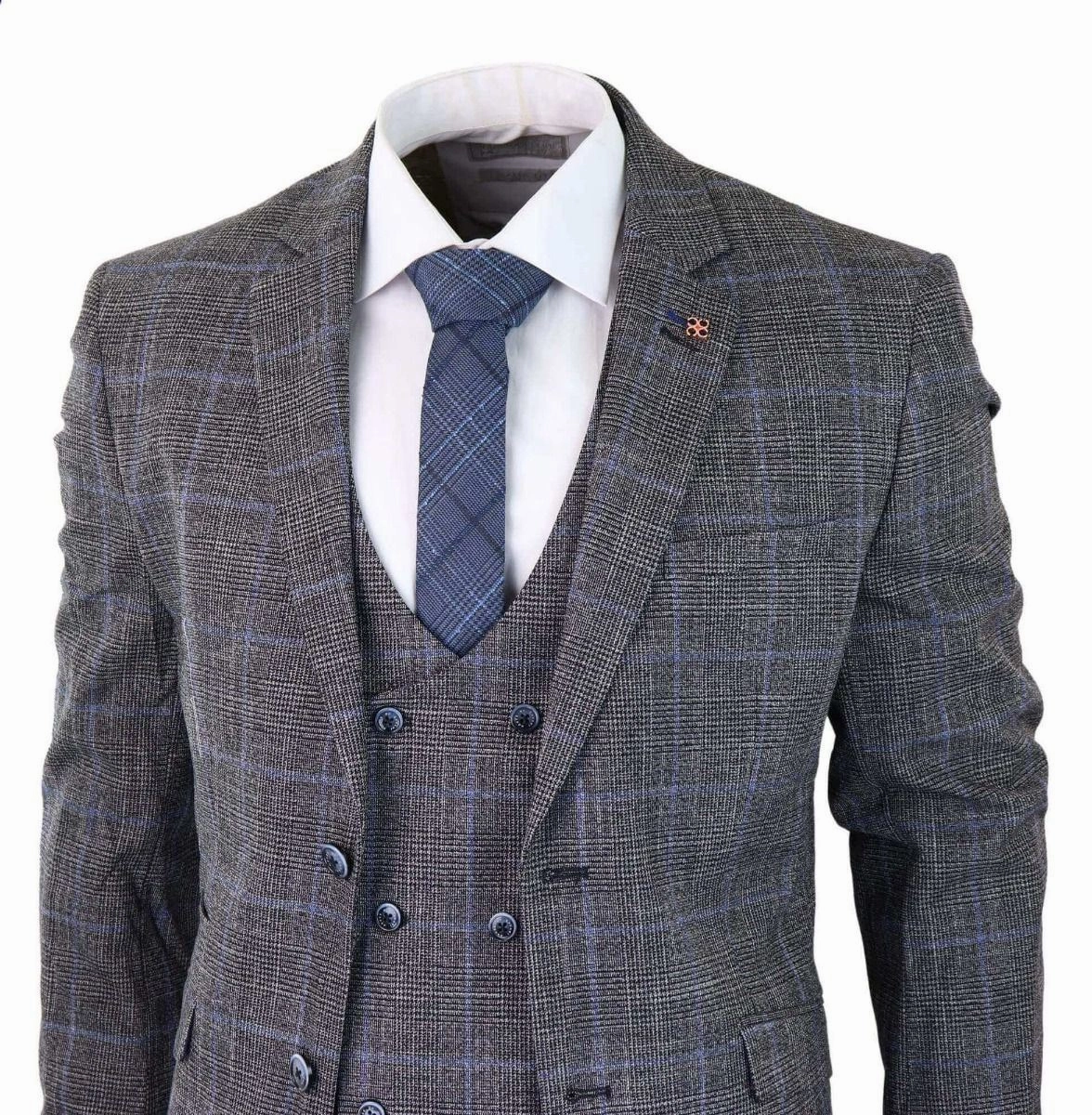 Mens 3 Piece Grey With Blue Check Tweed Vintage Classic Suit