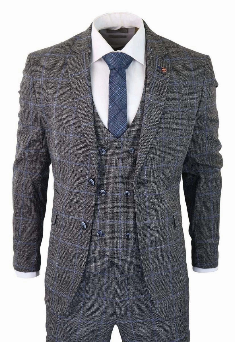 Mens 3 Piece Grey With Blue Check Tweed Vintage Classic Suit
