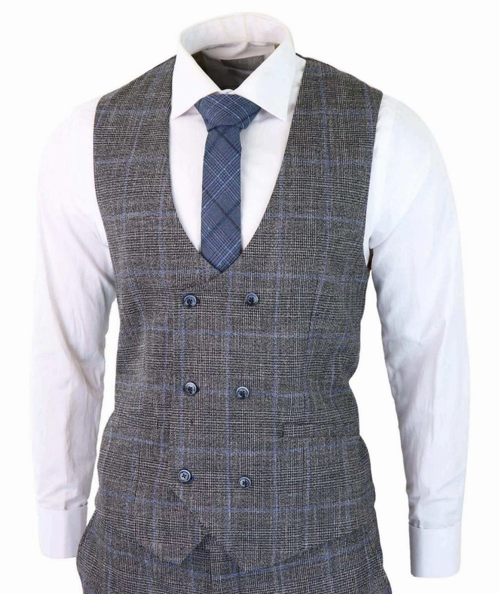 Mens 3 Piece Grey With Blue Check Tweed Vintage Classic Suit