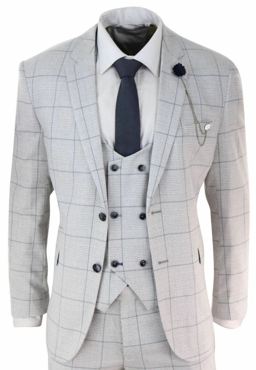 Mens 3 Piece Light Grey Check Tweed Vintage Retro Classic Suit