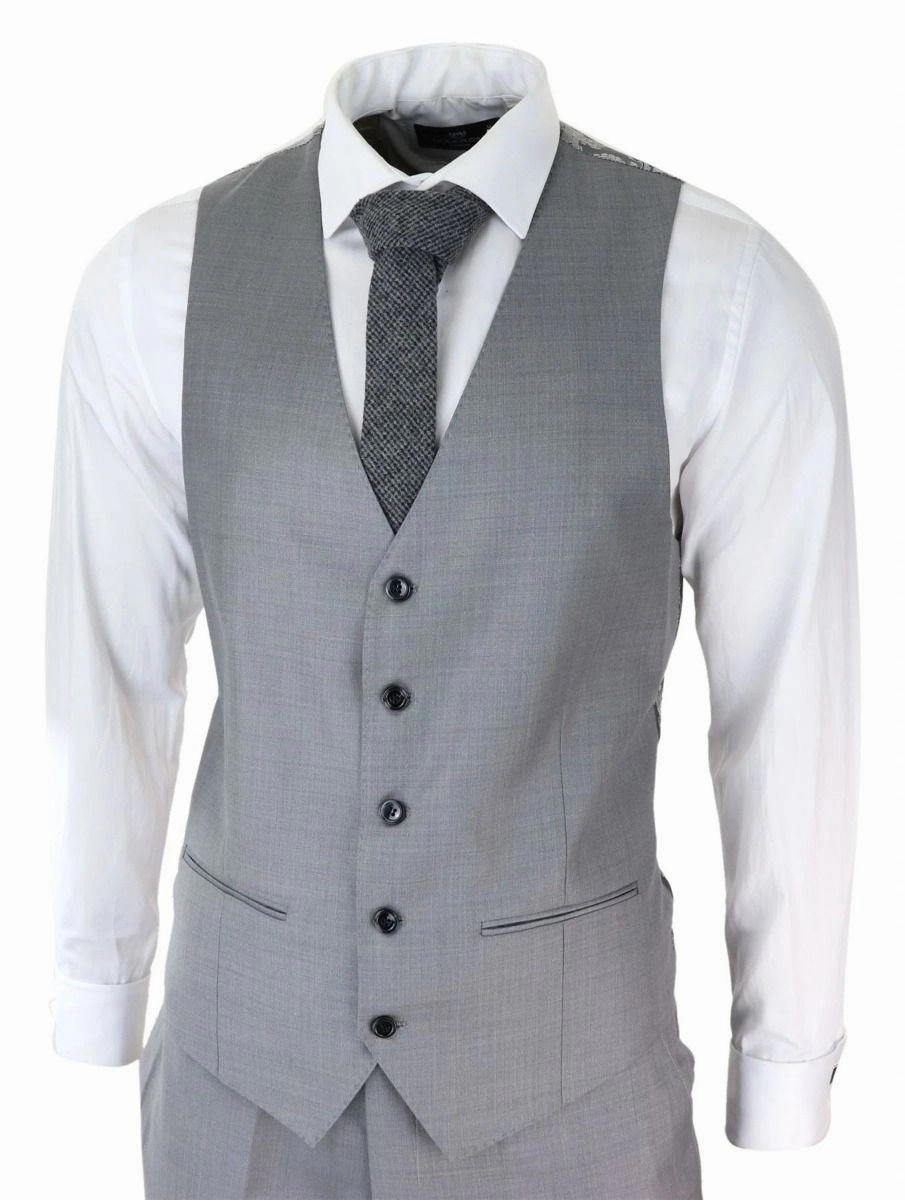 Mens 3 Piece Light Grey Classic Stitch Retro Suit