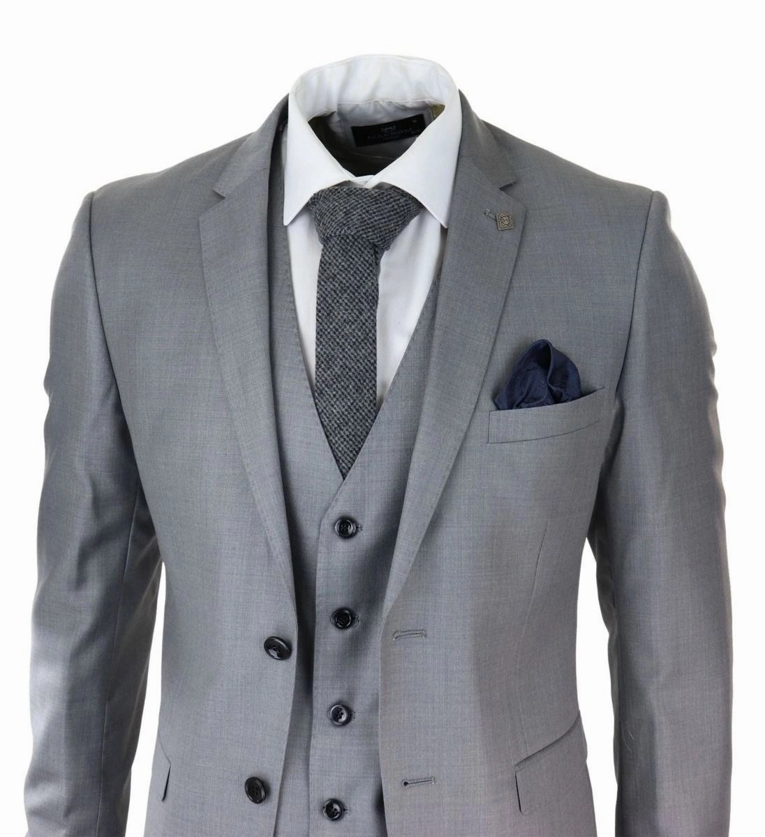 Mens 3 Piece Light Grey Classic Stitch Retro Suit