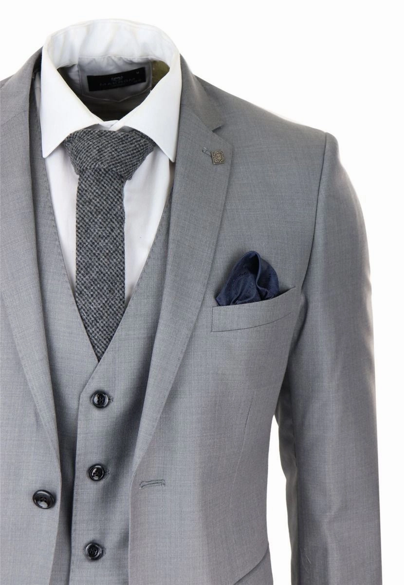 Mens 3 Piece Light Grey Classic Stitch Retro Suit