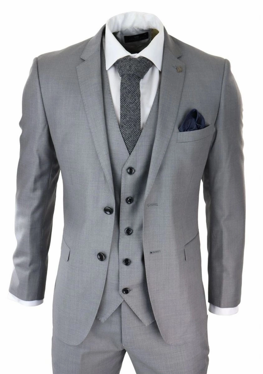 Mens 3 Piece Light Grey Classic Stitch Retro Suit