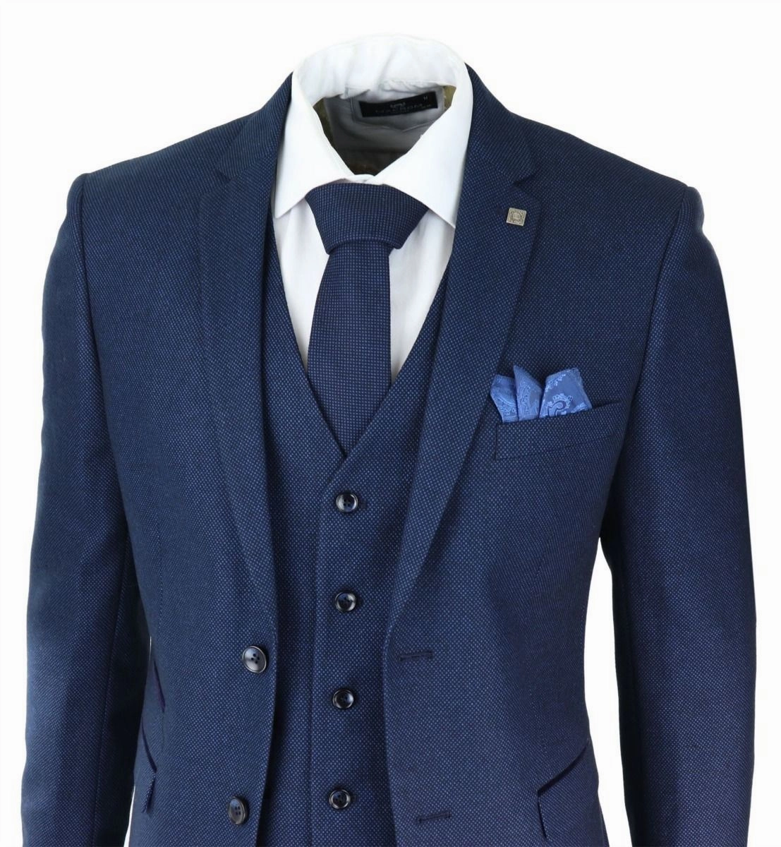Mens 3 Piece Navy Blue Birdseye Tweed Classic Suit