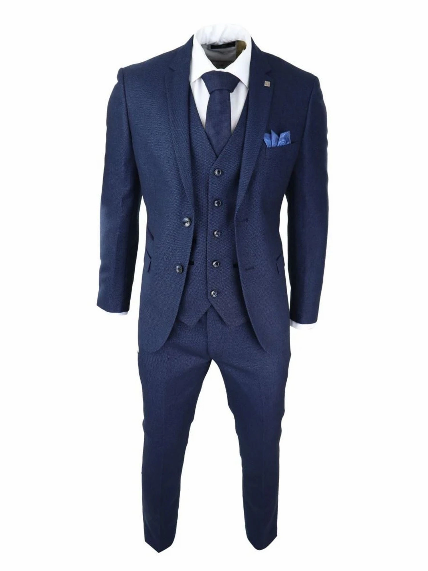 Mens 3 Piece Navy Blue Birdseye Tweed Classic Suit
