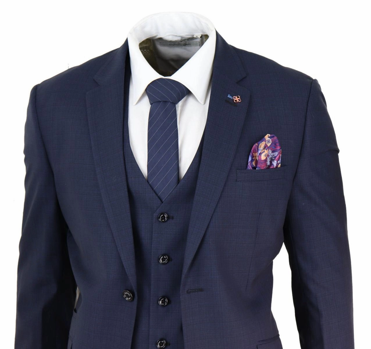 Mens 3 Piece Navy Blue Tailored Fit Retro Classic Suit