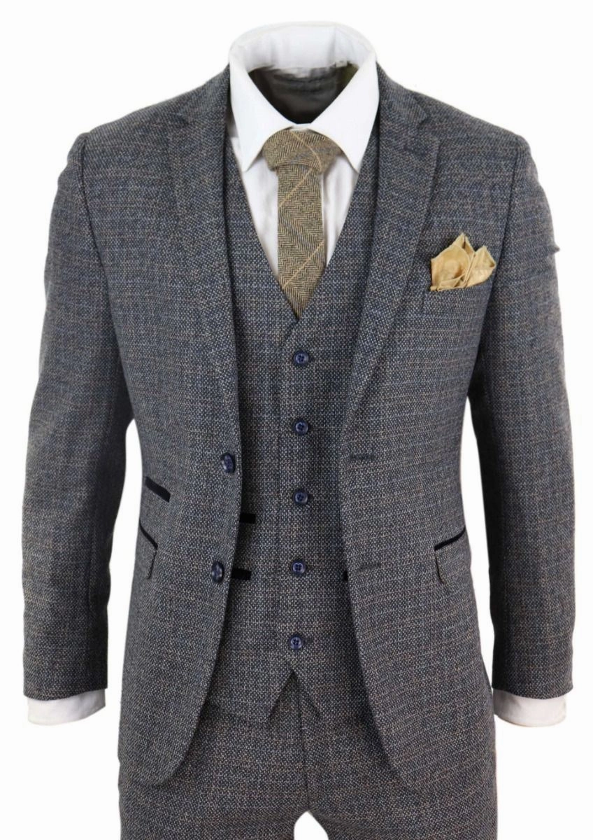 Mens 3 Piece Navy Blue Tweed Check Vintage Retro Suit