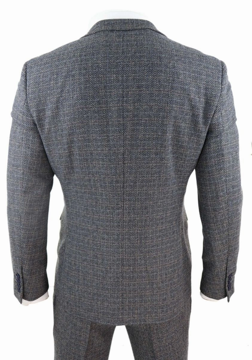 Mens 3 Piece Navy Blue Tweed Check Vintage Retro Suit