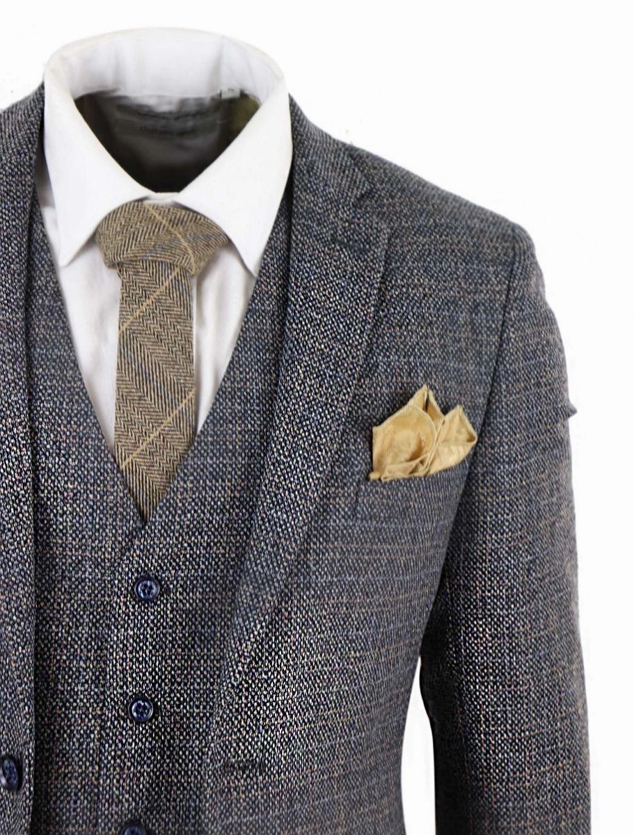 Mens 3 Piece Navy Blue Tweed Check Vintage Retro Suit