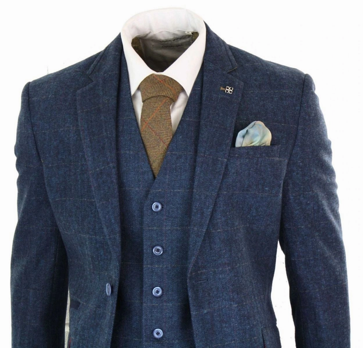 Mens 3 Piece Navy Blue Tweed Herringbone Vintage Classic Suit