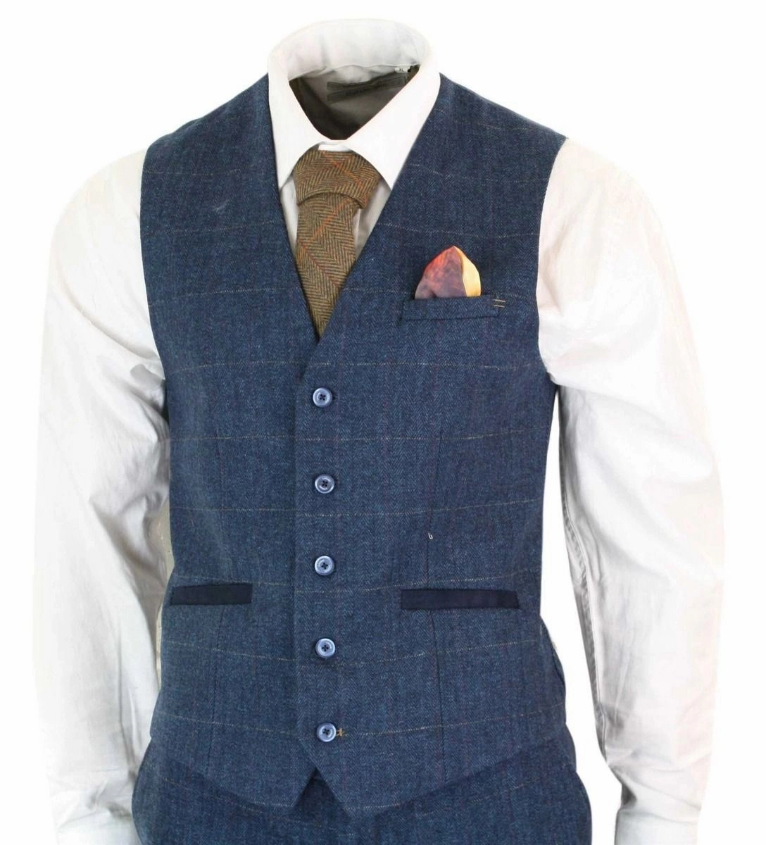 Mens 3 Piece Navy Blue Tweed Herringbone Vintage Classic Suit