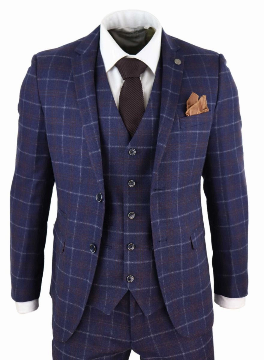 Mens 3 Piece Navy Blue Wool Check Retro Suit