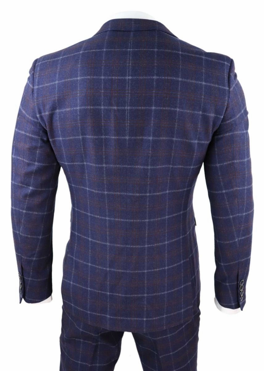 Mens 3 Piece Navy Blue Wool Check Retro Suit