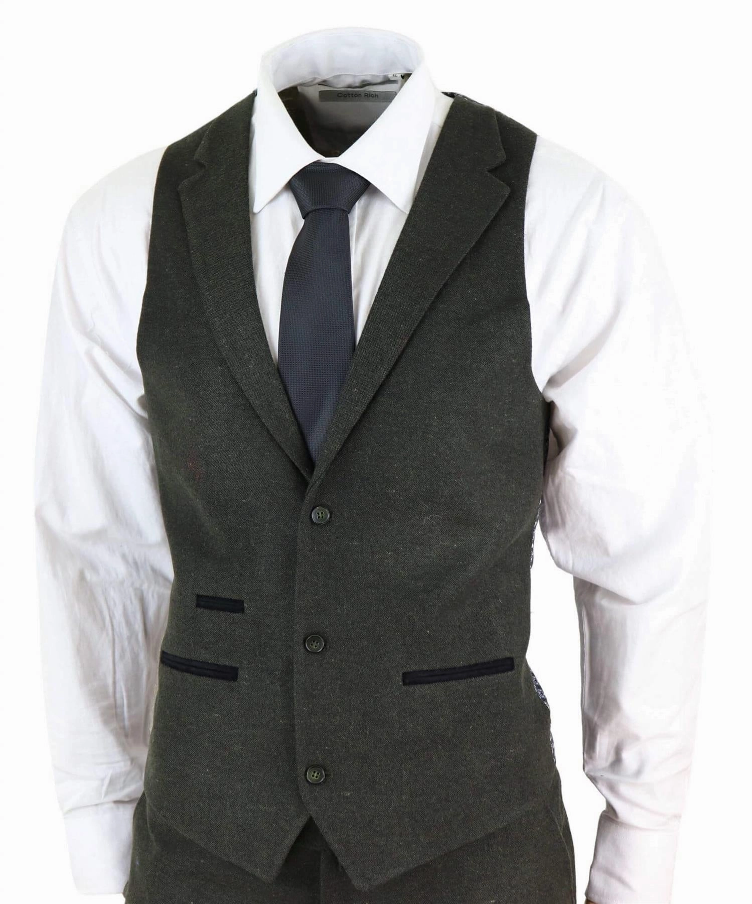 Mens 3 Piece Olive Green Wool Tweed Vintage Retro Suit