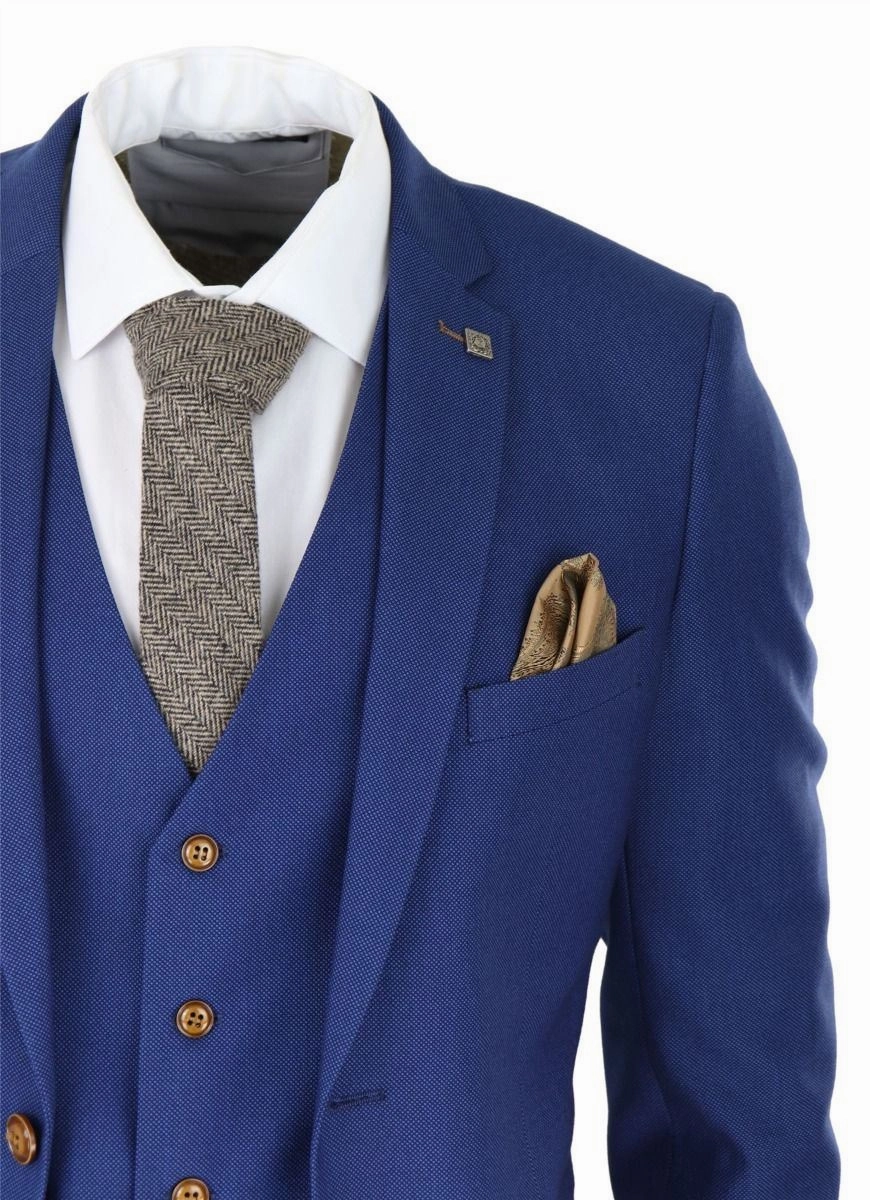 Mens 3 Piece Royal Blue Birdseye Classic Suit