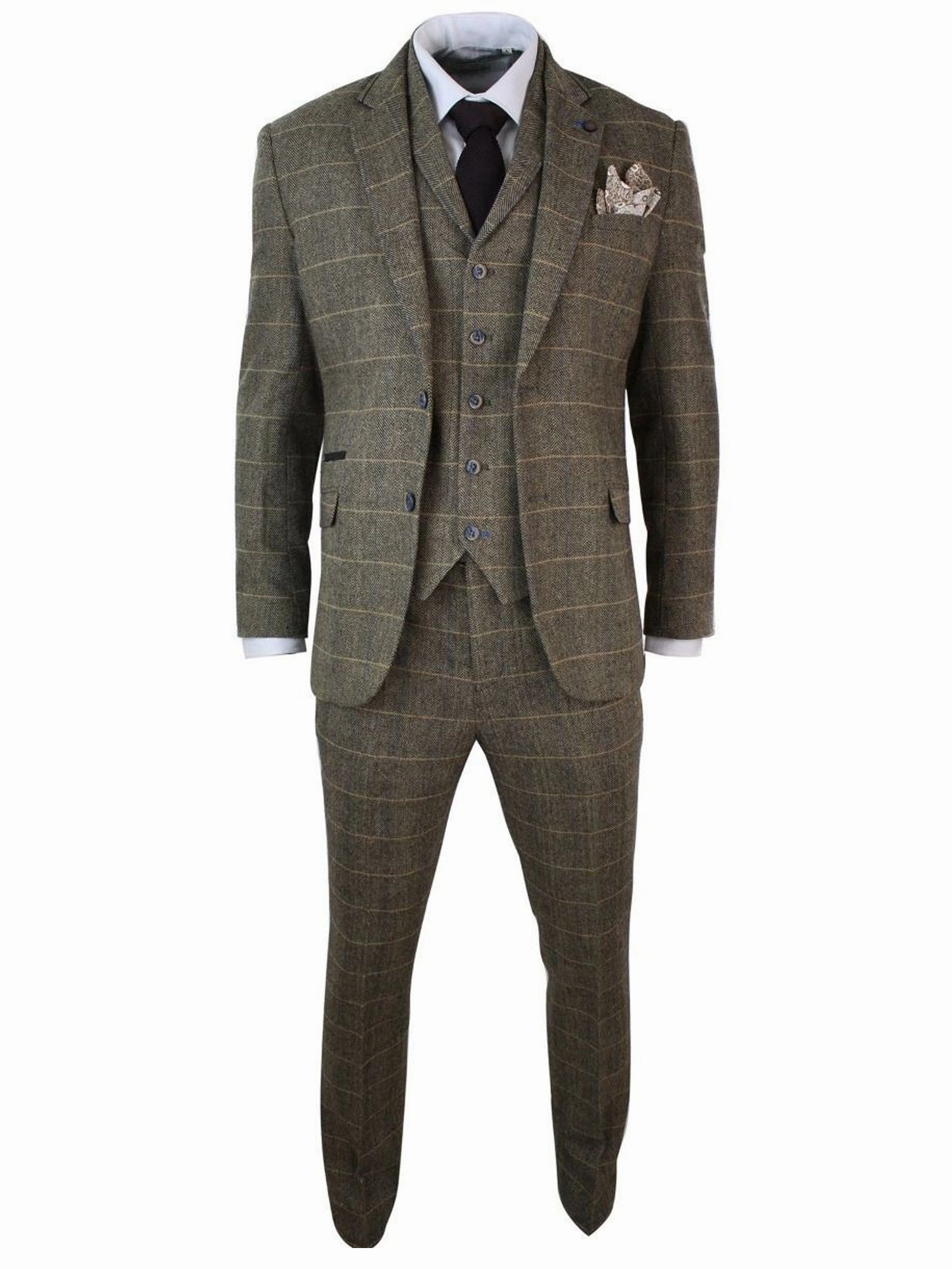 Mens 3 Piece Tan Brown Check Tweed Herringbone Vintage Classic Suit