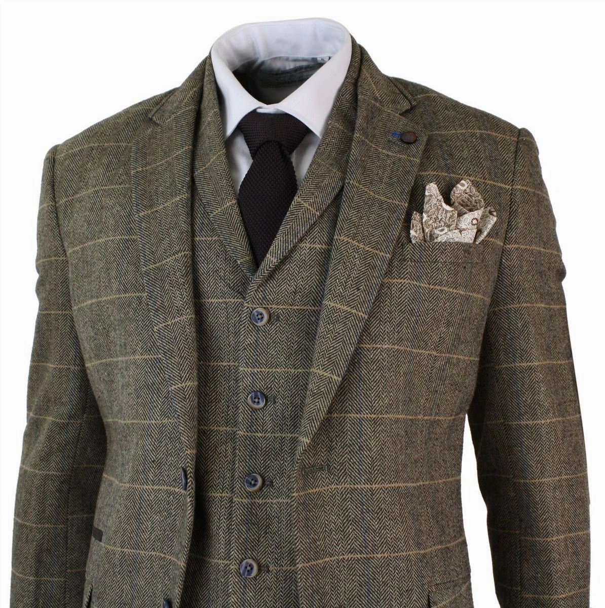 Mens 3 Piece Tan Brown Check Tweed Herringbone Vintage Classic Suit
