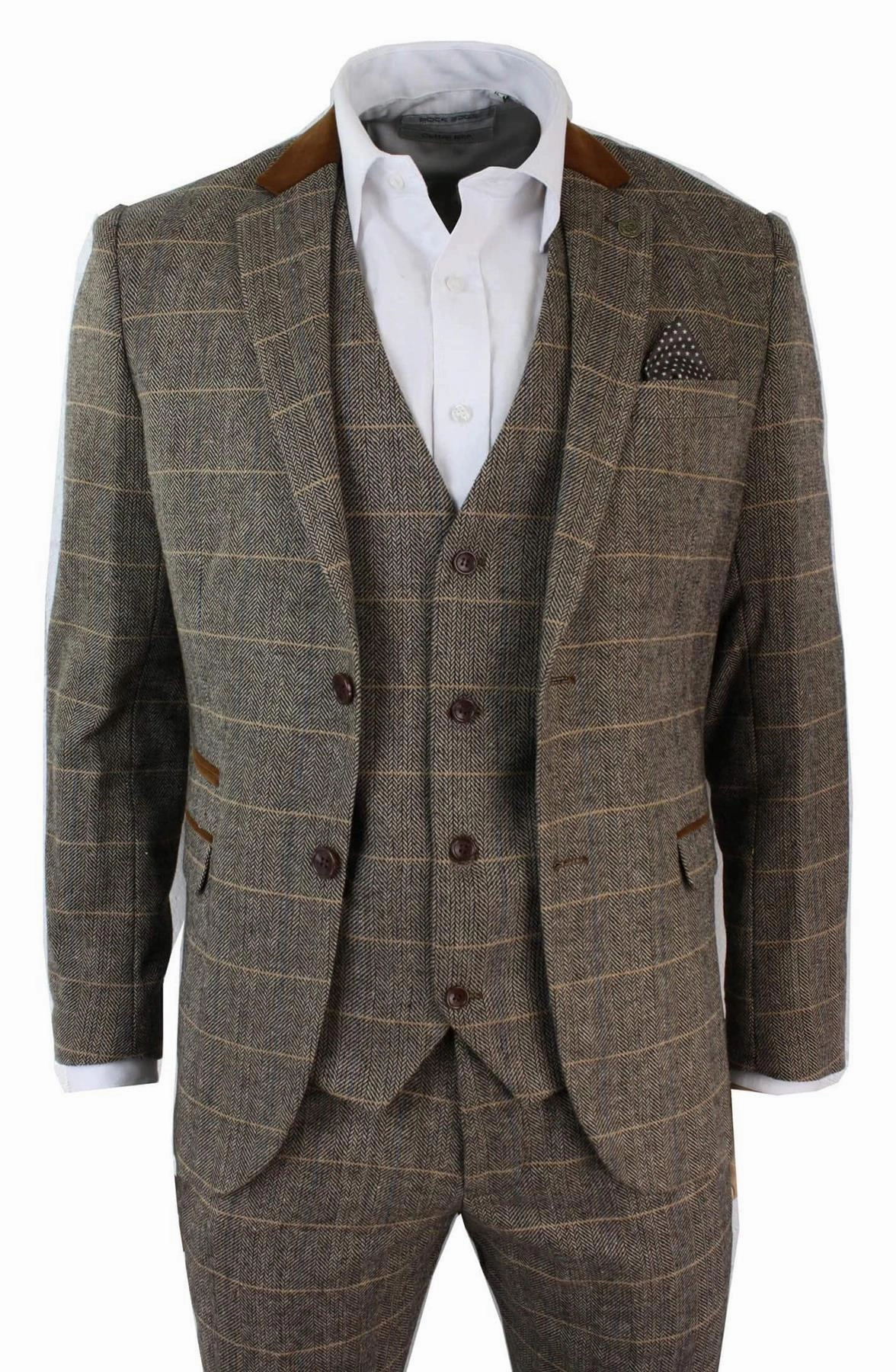 Mens 3 Piece Tan Tweed Check Suit