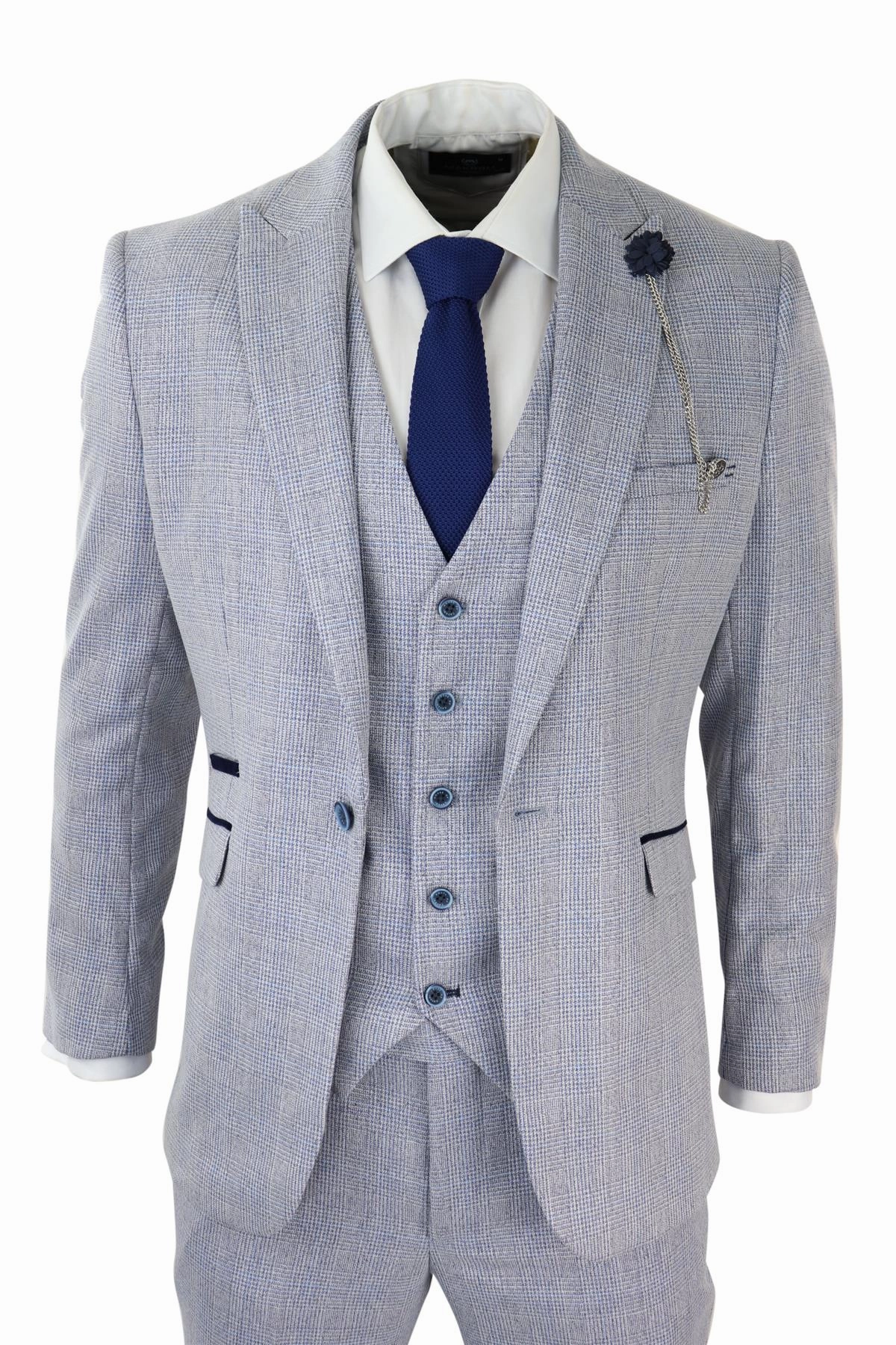 Mens 3 Piece Tweed Suit Light Blue Check Peaky Blinders 1920 Gatsby Wedding Suit