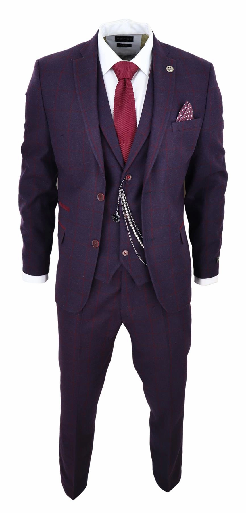 Mens 3 Piece Tweed Suit Plum Purple Check Peaky Blinders Classic 1920 Gatsby