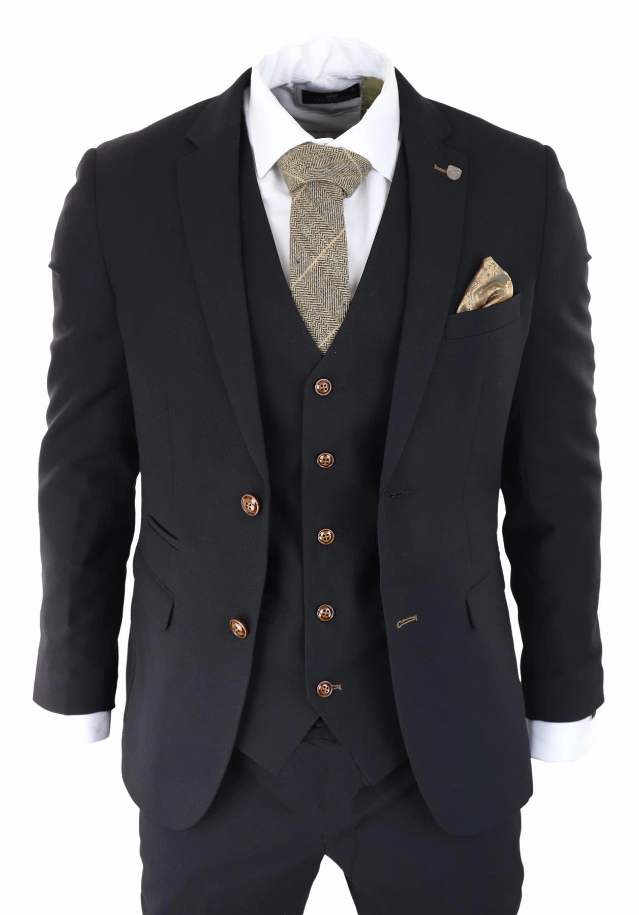 Mens Black 3 piece Suit Brown Trim Classic Birdseye Vintage Wedding Grooms