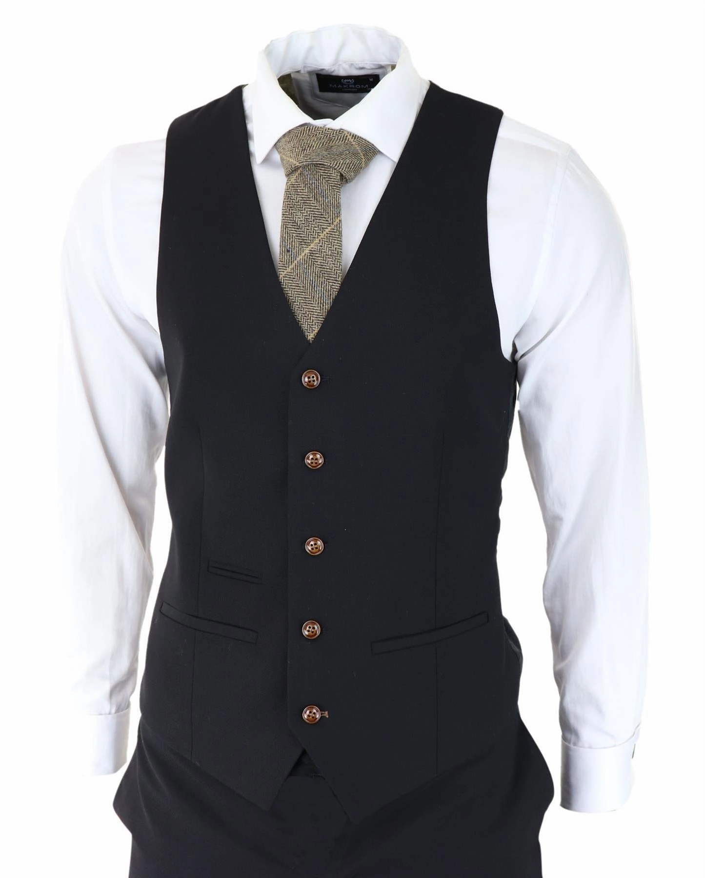 Mens Black 3 piece Suit Brown Trim Classic Birdseye Vintage Wedding Grooms