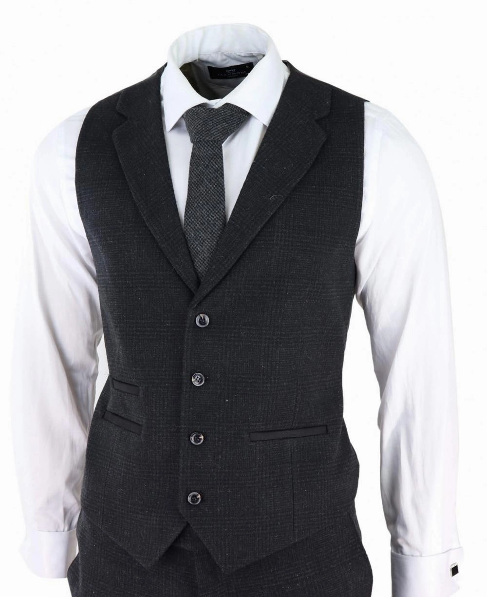 Mens Black 3 Piece Tweed Suit Peaky Blinders 1920s Gatsby Classic Tailored Fit