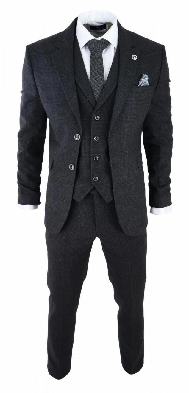 Mens Black 3 Piece Tweed Suit Peaky Blinders 1920s Gatsby Classic Tailored Fit