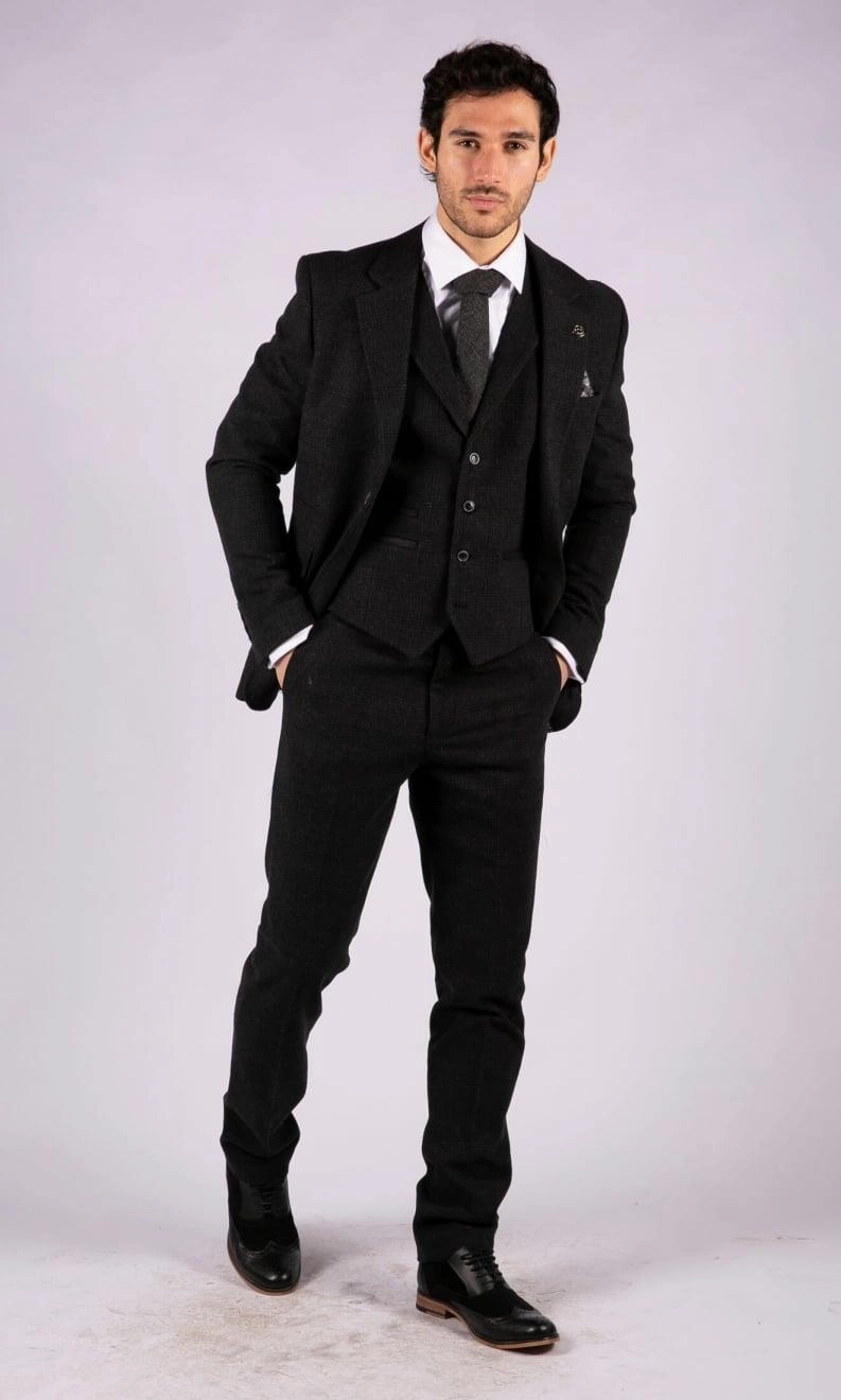 Mens Black 3 Piece Tweed Suit Peaky Blinders 1920s Gatsby Classic Tailored Fit