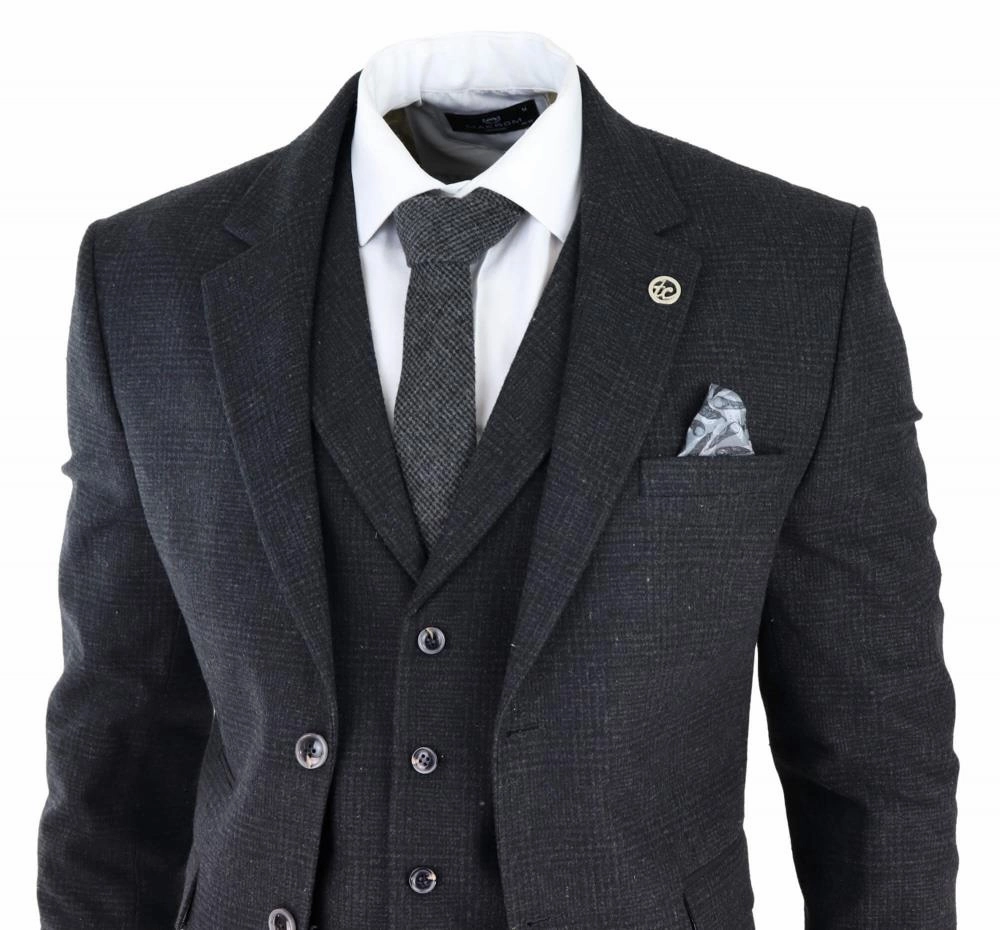 Mens Black 3 Piece Tweed Suit Peaky Blinders 1920s Gatsby Classic Tailored Fit