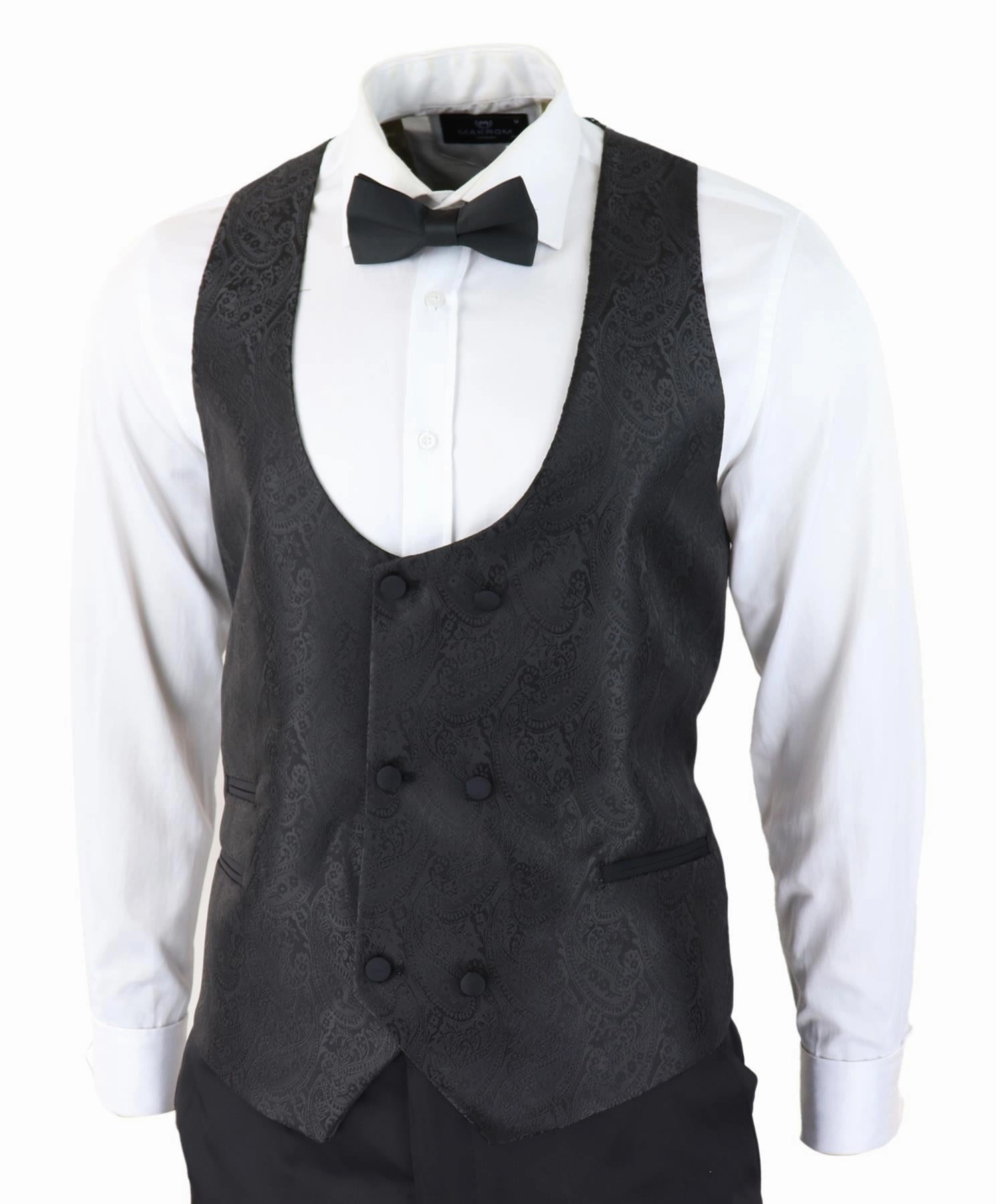 Mens Black Tuxedo Blazer Waistcoat Brocade Satin Paisley Formal Dinner Jacket