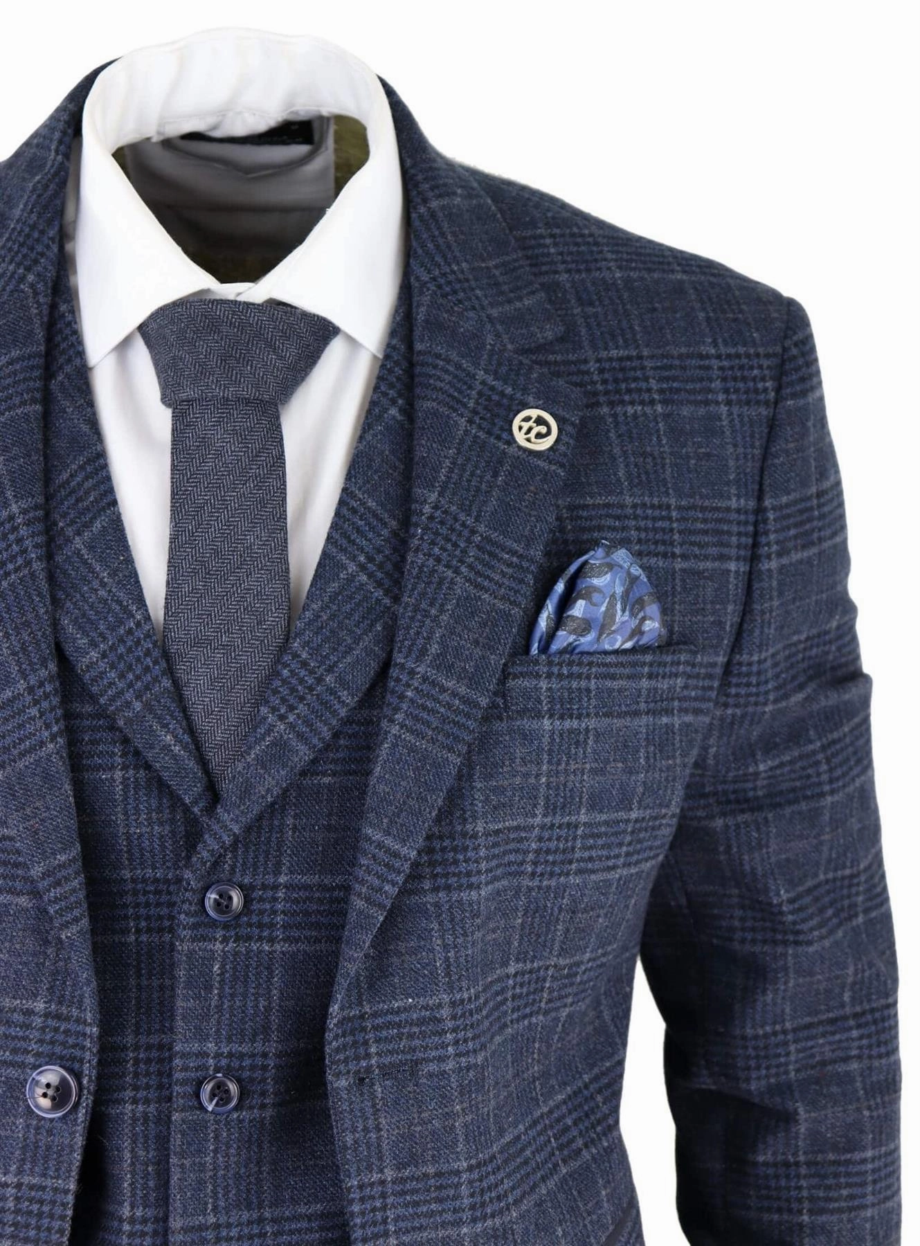 Mens Blue Check 3 Piece Tweed Suit Peaky Blinders 1920s Gatsby Tailored Fit