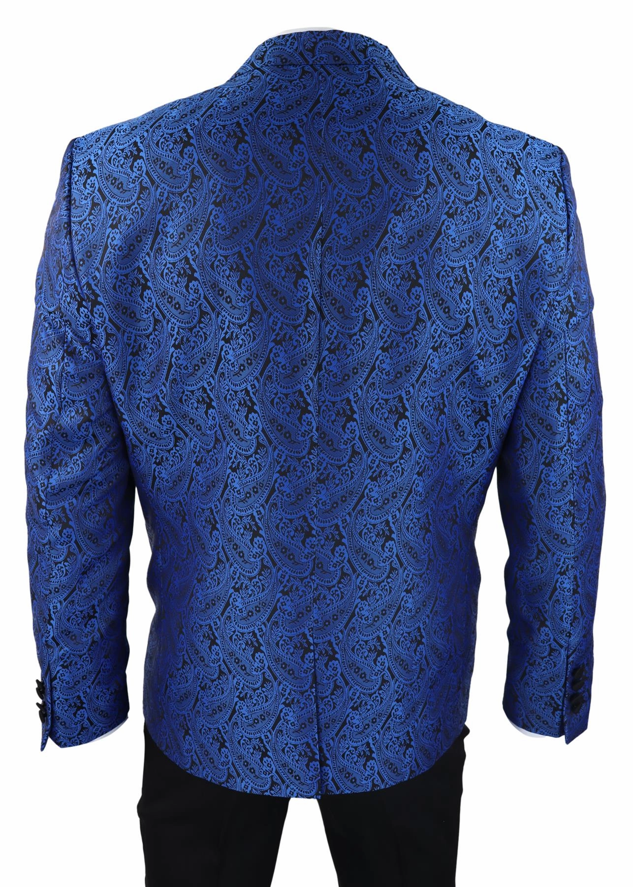 Mens Blue Tuxedo Blazer Waistcoat Brocade Black Satin Paisley Dinner Jacket