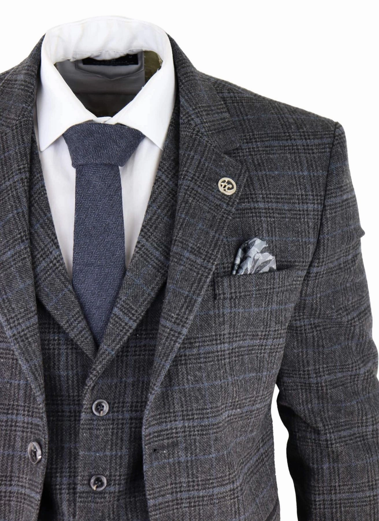 Mens Grey Check 3 Piece Tweed Suit Peaky Blinders 1920s Gatsby Tailored Fit