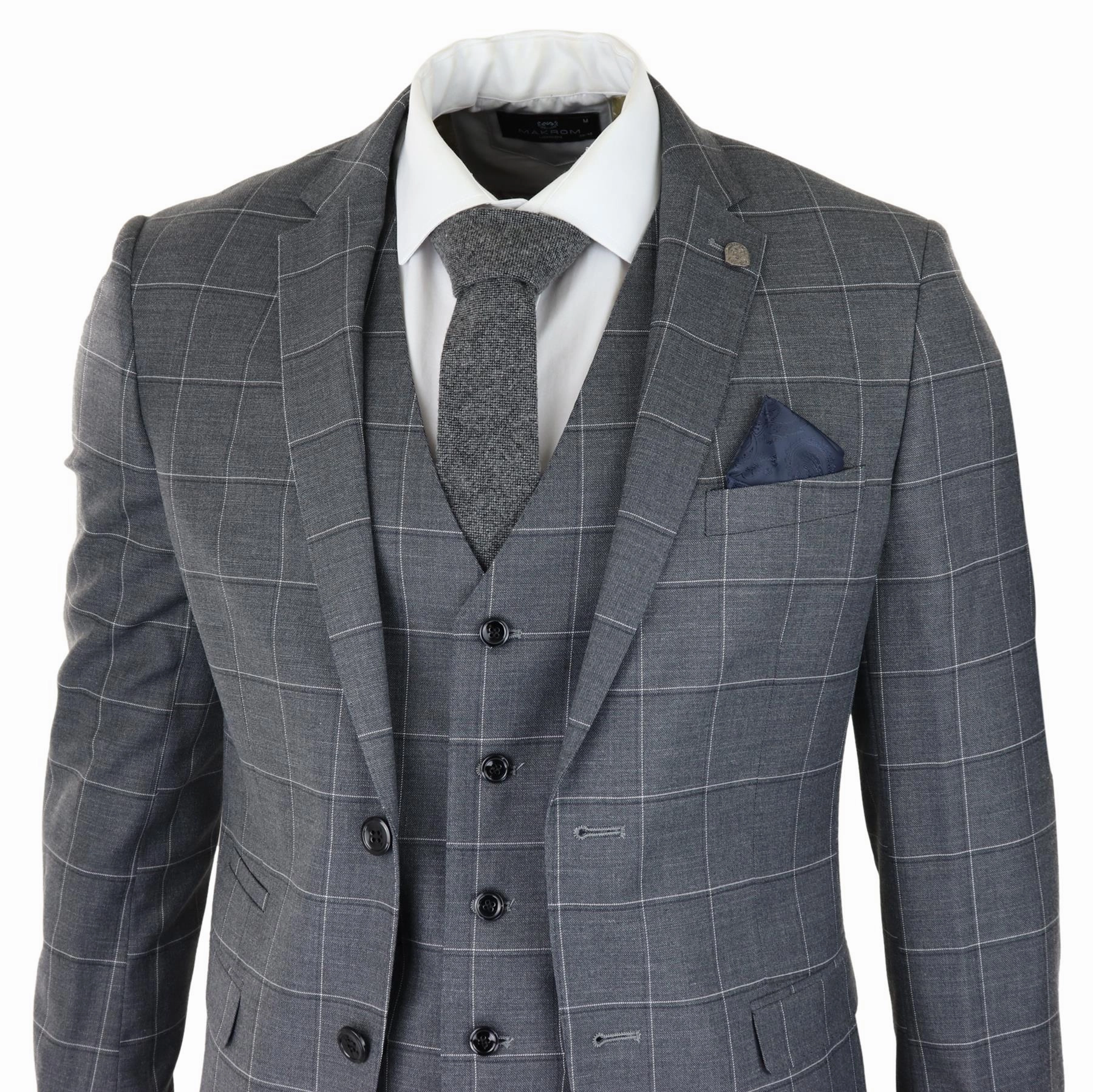 Mens Grey Suit 3 Piece Check Vintage Retro Smart Wedding Classic Tailored Fit