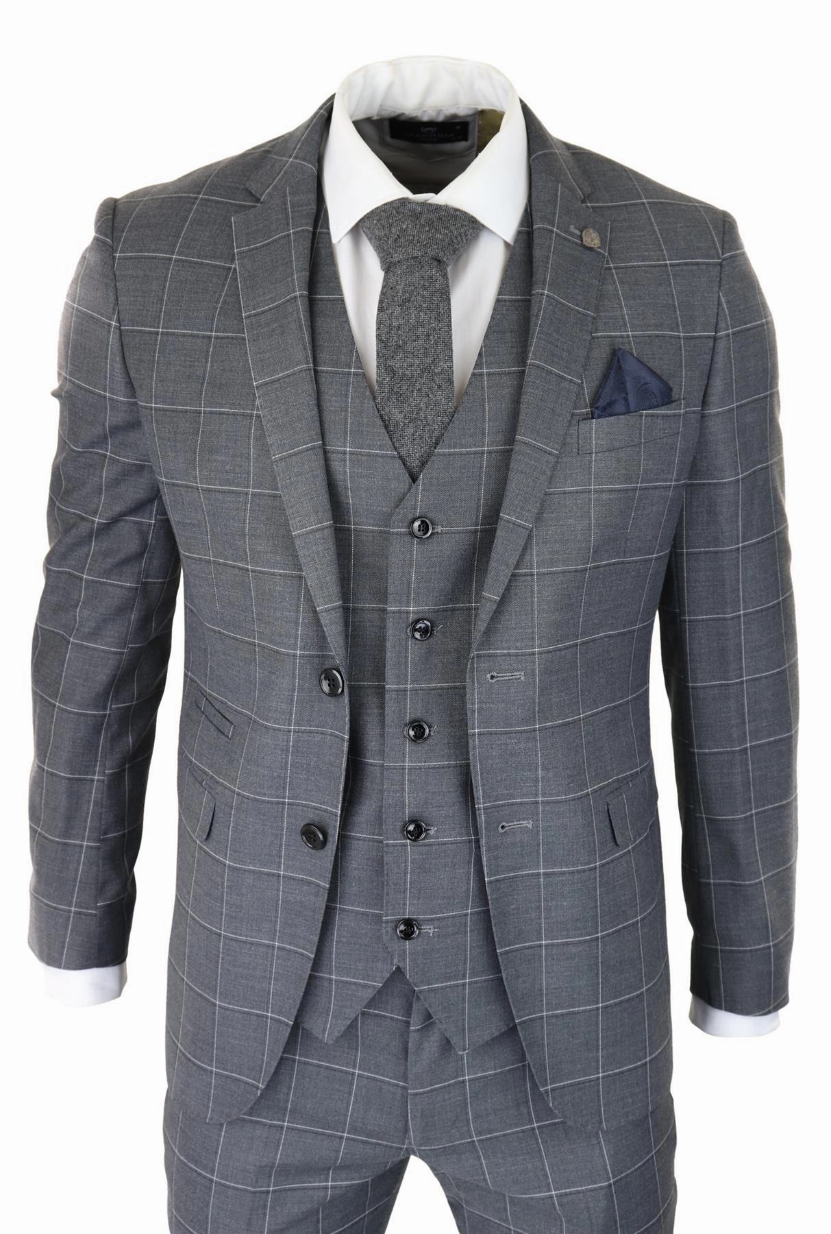 Mens Grey Suit 3 Piece Check Vintage Retro Smart Wedding Classic Tailored Fit