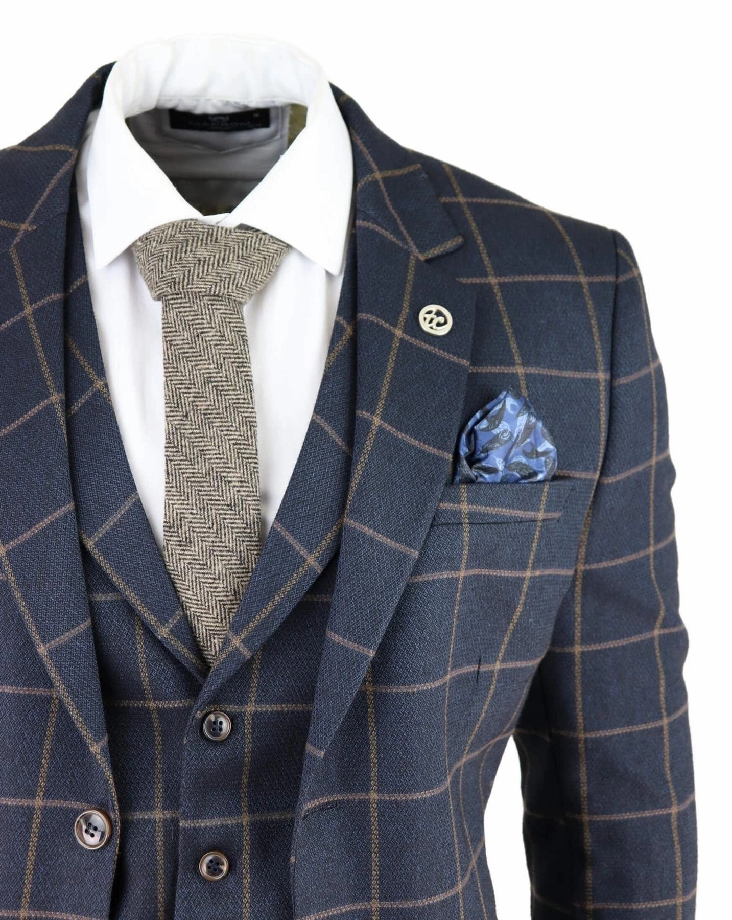Mens Navy Blue Check 3 Piece Tweed Suit Peaky Blinders 1920s Gatsby Tailored Fit