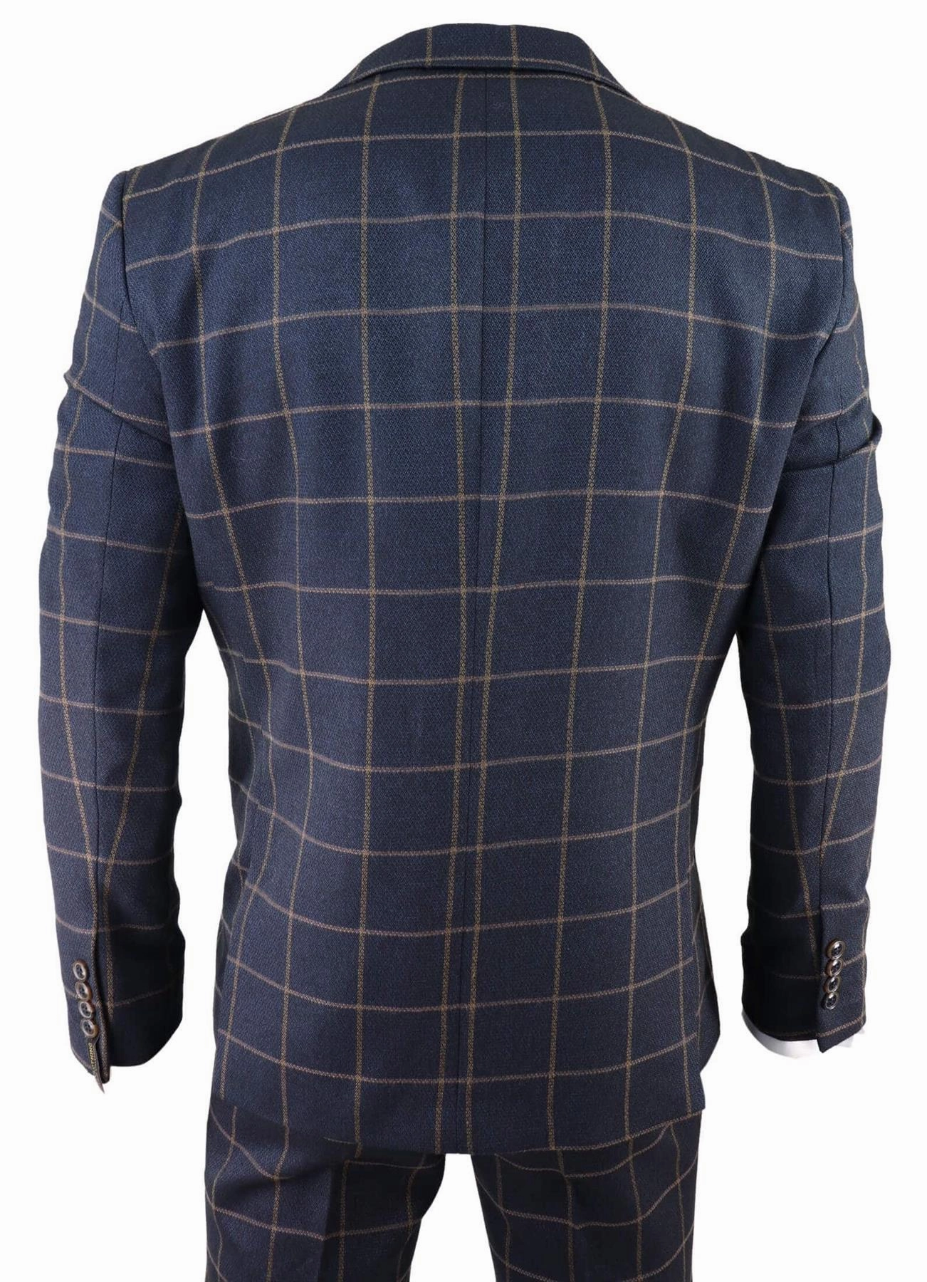 Mens Navy Blue Check 3 Piece Tweed Suit Peaky Blinders 1920s Gatsby Tailored Fit