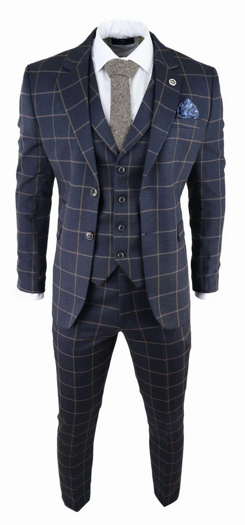 Mens Navy Blue Check 3 Piece Tweed Suit Peaky Blinders 1920s Gatsby Tailored Fit